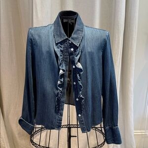Frame Denim Dark Blue Denim Ruffle Button-Up Shirt